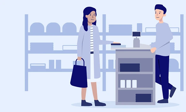 Illustration of a sales scene in a store: A woman with a shopping bag is standing at a sales counter and talking to a sales assistant. Shelves with products can be seen in the background. The scene depicts a shopping experience in stationary retail and symbolizes the consumer goods sector.