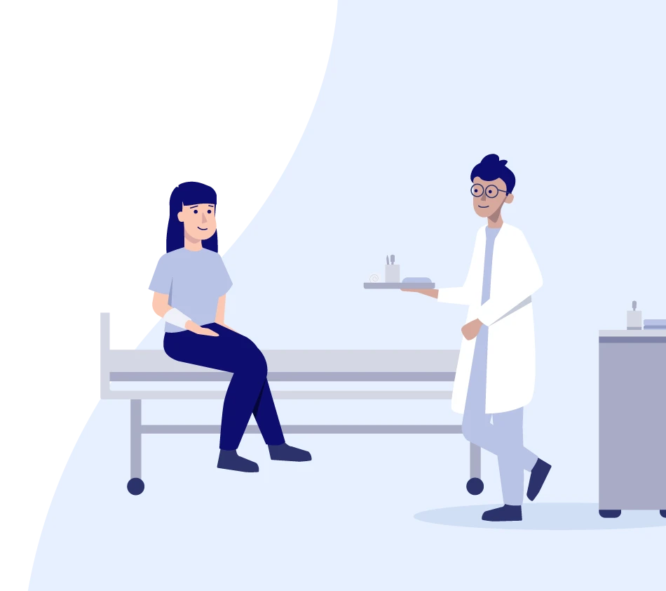 Illustration of a medical scene: A patient sits on a hospital bed with her arm bandaged and looks to the right at a doctor in scrubs. He is carrying a tray with utensils. To his right is a medical trolley with equipment. The scene symbolizes the medical technology industry.