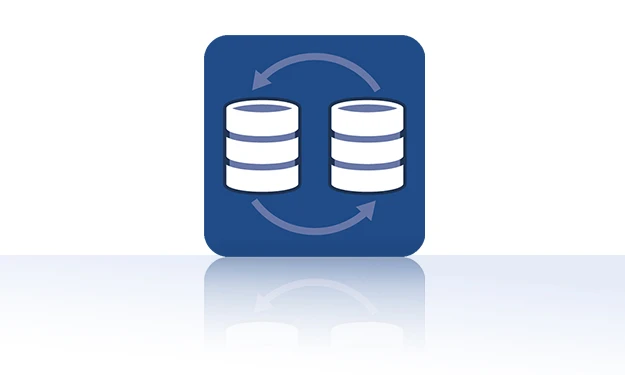 The symbol is unicolor blue and shows two stylized database symbols, each with three superimposed bars. Two curved arrows run between them in a circle, representing a reciprocal data exchange. It is shown in a square with rounded corners. This icon stands for the Data Hub and Process Monitor module of crossbase.