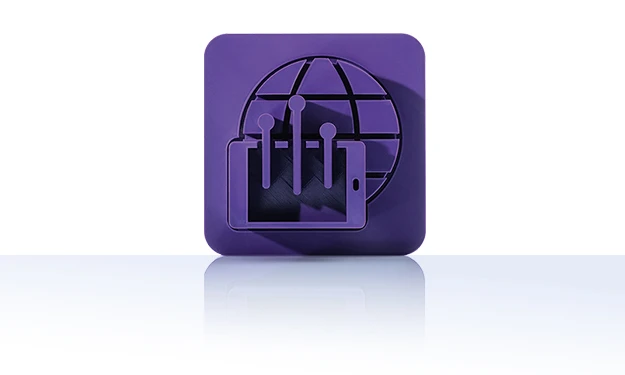 The symbol is unicolor purple and shows a smartphone or tablet in front of a stylized globe with grid lines. Lines with dots at the end rise up from the mobile device. It is shown in a square with rounded corners. This icon stands for the Mobile Applications module of crossbase.