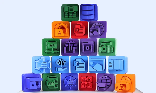 The picture shows a pyramid of colorful cubes, each printed with different symbols. The cubes are stacked in five rows, starting with a wide base and ending with a single cube at the top. Each cube represents a module of the crossbase solution. The colors of the cubes vary and make it easier to differentiate between the subject areas.
