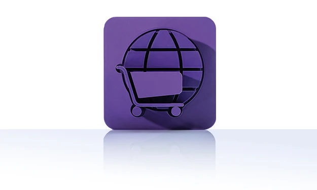 Le symbole est unicolore violet et représente un caddie devant un globe stylisé avec des lignes de grille. Il est représenté dans un carré aux coins arrondis. Cette icône représente le catalogue en ligne de crossbase.