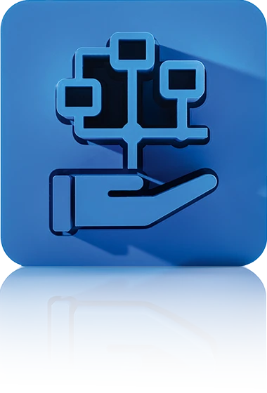 Das Symbol besteht aus einem blauen Quadrat mit abgerundeten Ecken und zeigt eine stilisierte Handfläche, die ein verzweigtes Diagramm trägt. Das Diagramm besteht aus vier verbundenen Knotenpunkten in Form kleiner Rechtecke, die durch Linien zu einer Baumstruktur angeordnet sind. Das Symbol steht für das Workflowmanagement von crossbase.