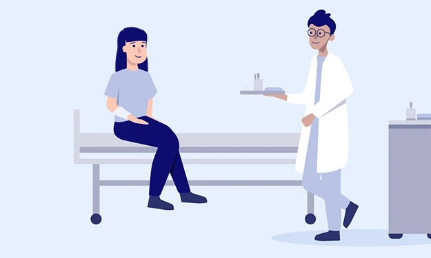 Illustration einer medizinischen Szene: Eine Patientin sitzt mit verbundenem Arm auf einem Krankenhausbett und schaut nach rechts zu einem Arzt in Kittel. Er trägt ein Tablett mit Utensilien. Rechts neben ihm steht ein medizinischer Wagen mit Geräten. Die Szene symbolisiert die Medizintechnik-Branche.