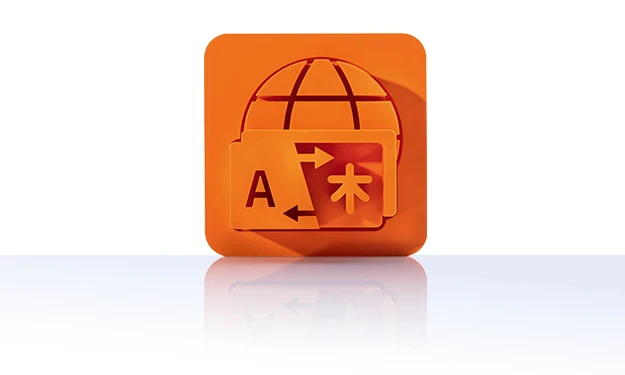 Das Symbol ist unicolor orange und zeigt eine stilisierte Weltkugel im Hintergrund. Im Vordergrund befindet sich ein Übersetzungsfenster mit einem großen „A“ links und einem asiatischen Schriftzeichen rechts, verbunden durch einen Doppelpfeil. Es ist in einem Quadrat mit abgerundeten Ecken dargestellt. Dieses Icon steht für die Onlineübersetzung von crossbase.