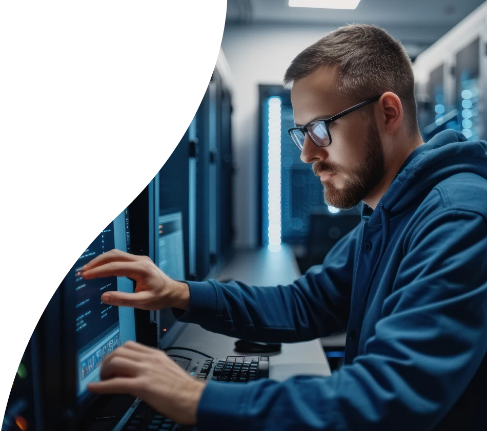 Ein IT-Mitarbeiter bedient in einem Serverraum ein Laptop