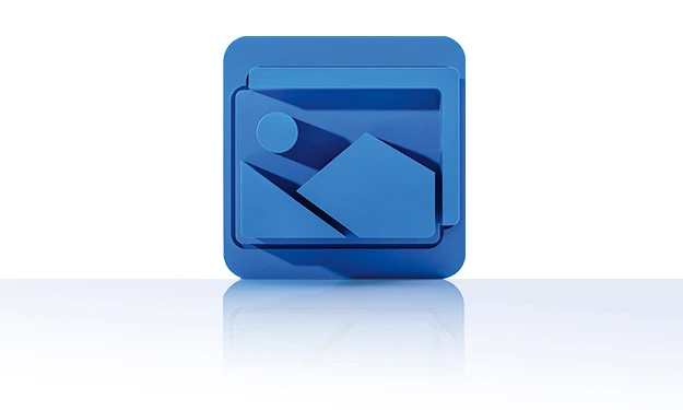 Das Symbol ist unicolor blau und besteht aus einem umgebenden Quadrat mit abgerundeten Ecken. Darin befindet sich ein Rechteck, das unten zwei stilisierte Berge und darüber eine Sonne zeigt. Das Symbol steht für das Media Asset Management-Modul von crossbase.