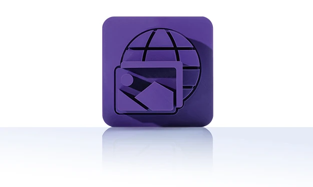 Das Symbol ist unicolor violett und zeigt zwei versetzte Medienelemente vor einer stilisierten Weltkugel mit Gitterlinien. Es ist in einem Quadrat mit abgerundeten Ecken dargestellt. Dieses Icon steht für den Medienservice von crossbase.