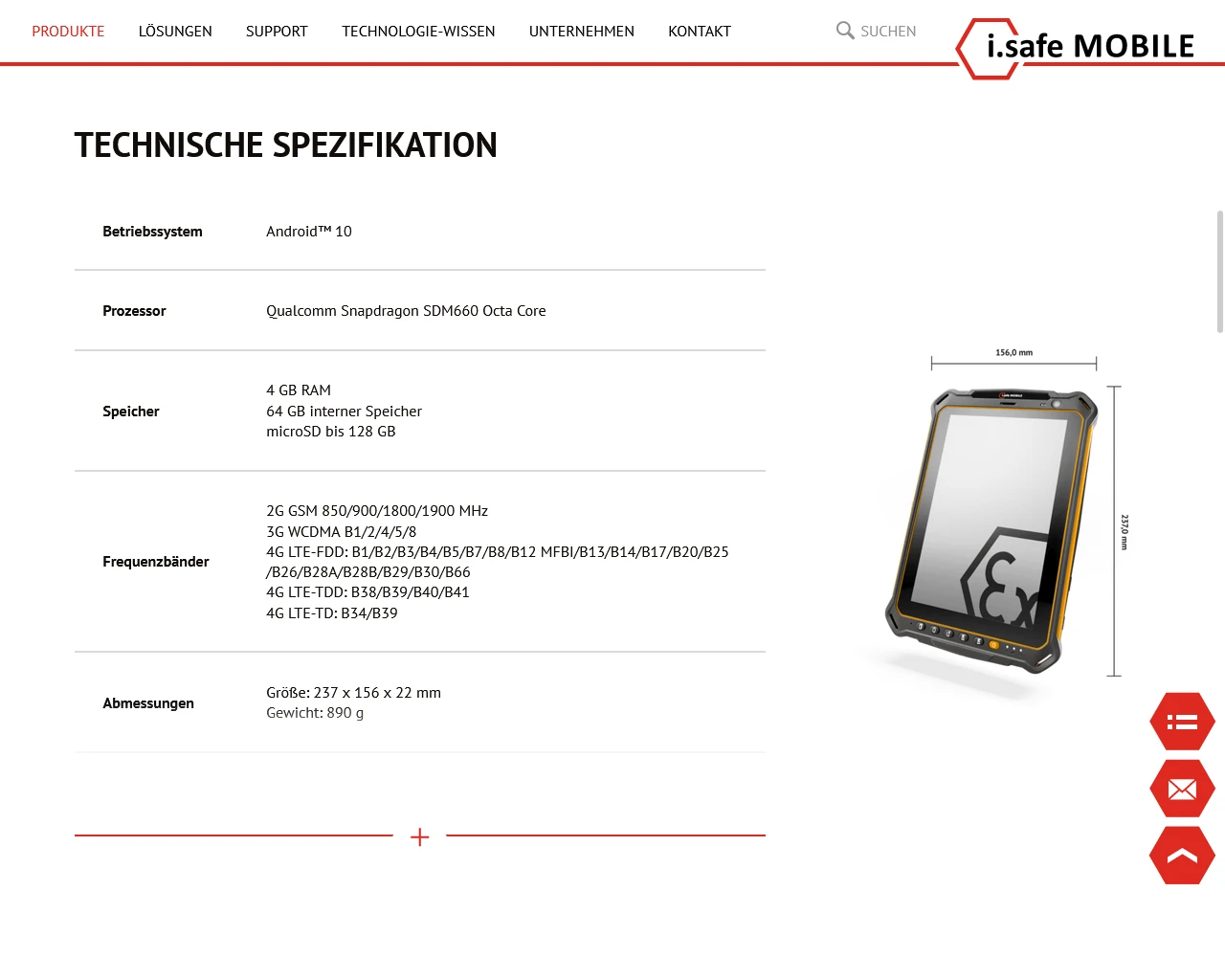 Screenshot der Website von i.safe, die mit Produktinformationen aus der crossbase-Datenbank bespielt wird.