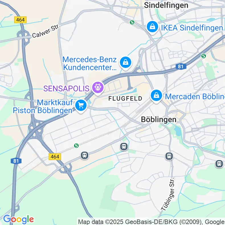 Kartenansicht von Google Maps, das den Standort der crossbase mediasolution GmbH in Böblingen zeigt.