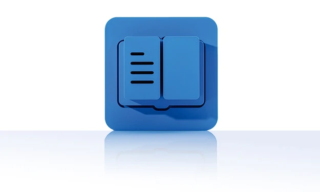 The symbol consists of a surrounding blue square with rounded corners. Inside is an open, stylized book with lines on the left-hand side. It stands for the Channel Output Management of crossbase.