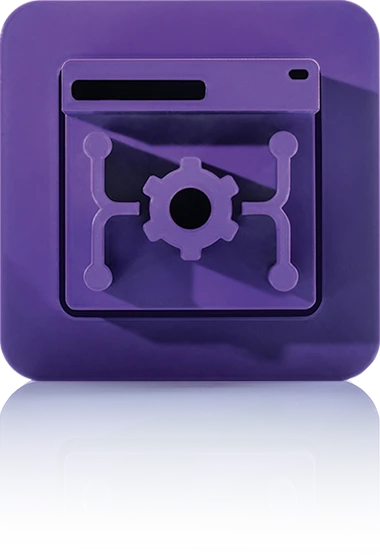 The symbol is unicolor purple and shows a stylized window with four interconnected dots in the corners surrounding a central cogwheel shape. It is shown in a square with rounded corners. This icon stands for the headless CMS from crossbase.