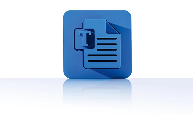 The symbol consists of a surrounding square with rounded corners in blue. Inside is a blue, stylized document page with an overlaying