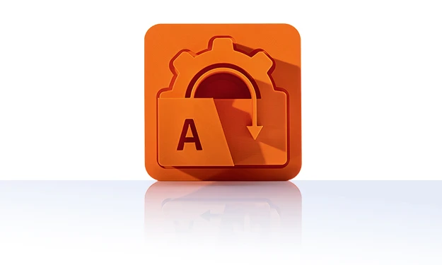 The symbol is unicolor orange and shows a cogwheel with an arrow leading into it from top to bottom. There is a large