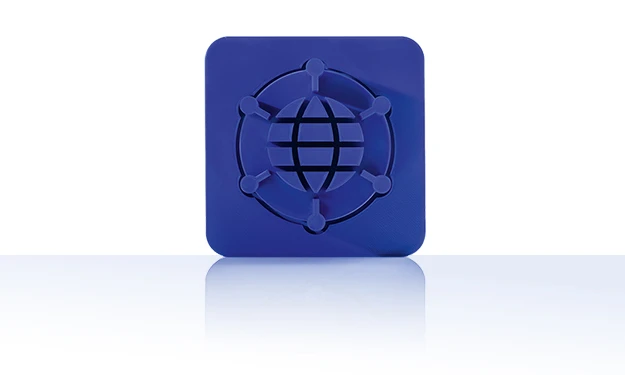 The symbol is unicolor in blue and shows a stylized globe with a grid of lines of longitude and latitude, surrounded by a network of six connected nodes in a circle. It is located in a square with rounded corners. This icon stands for the crossbase web application server.