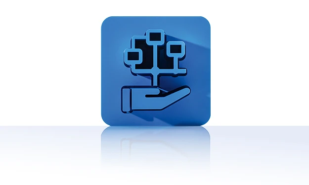 The symbol consists of a blue square with rounded corners and shows a stylized palm bearing a branched diagram. The diagram consists of four connected nodes in the form of small rectangles, which are arranged by lines to form a tree structure. The symbol stands for the workflow management of crossbase.