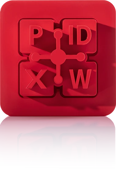 Le symbole est rouge unicolore et représente quatre carrés reliés entre eux par un lien central. Dans les carrés se trouvent les lettres « P », « D », « X » et « W », qui représentent les formats Office courants tels que PowerPoint, PDF, Excel et Word. L'icône se trouve dans un carré aux coins arrondis. Il symbolise la connexion Office de crossbase.