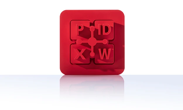Le symbole est rouge unicolore et représente quatre carrés reliés entre eux par un lien central. Dans les carrés se trouvent les lettres « P », « D », « X » et « W », qui représentent les formats Office courants tels que PowerPoint, PDF, Excel et Word. L'icône se trouve dans un carré aux coins arrondis. Il symbolise la connexion Office de crossbase.
