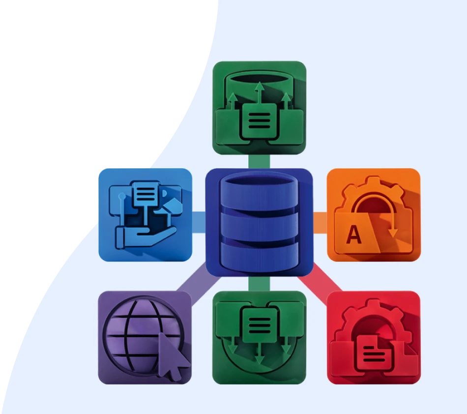 Une icône centrale de la base de données est reliée par des lignes colorées à six icônes représentant les domaines crossbase print, traduction, mise à disposition et exportation des données ainsi que « en ligne » . L'arrière-plan est divisé en deux par une forme ondulée qui s'élève du bas à gauche vers le haut à droite.