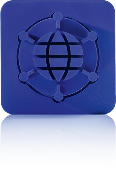 Le symbole est unicolore bleu et représente un globe stylisé avec un quadrillage de lignes de longitude et de latitude, entouré d'un réseau de six nœuds reliés dans un cercle. Elle se trouve dans un carré aux coins arrondis. Cette icône représente le serveur d'applications web de crossbase.