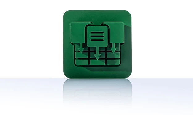 Le symbole est vert unicolore et montre deux symboles stylisés de tableau ou de catalogue avec une structure de lignes qui se chevauchent. Il est précédé d'une flèche qui indique une opération d'exportation. Il est représenté dans un carré aux coins arrondis. Cette icône représente le module d'exportation de données E-Catalogues de crossbase.