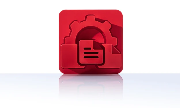 Le symbole est rouge unicolore et représente une roue dentée dans laquelle est intégré un document stylisé avec trois lignes horizontales. Le symbole se trouve dans un carré aux coins arrondis. Cette icône représente la publication print de crossbase.