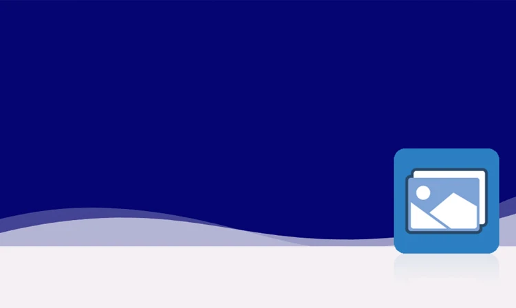 Le symbole est bleu unicolore et se compose d'un carré environnant aux coins arrondis. On y trouve un rectangle avec deux montagnes stylisées en bas et un soleil au-dessus. Ce symbole représente le module Digital Asset Management de crossbase.